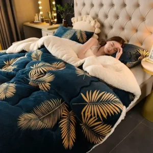 une femme dort dans sont lit avec une couverture doudou épaisse, chaude, douce et moelleuse