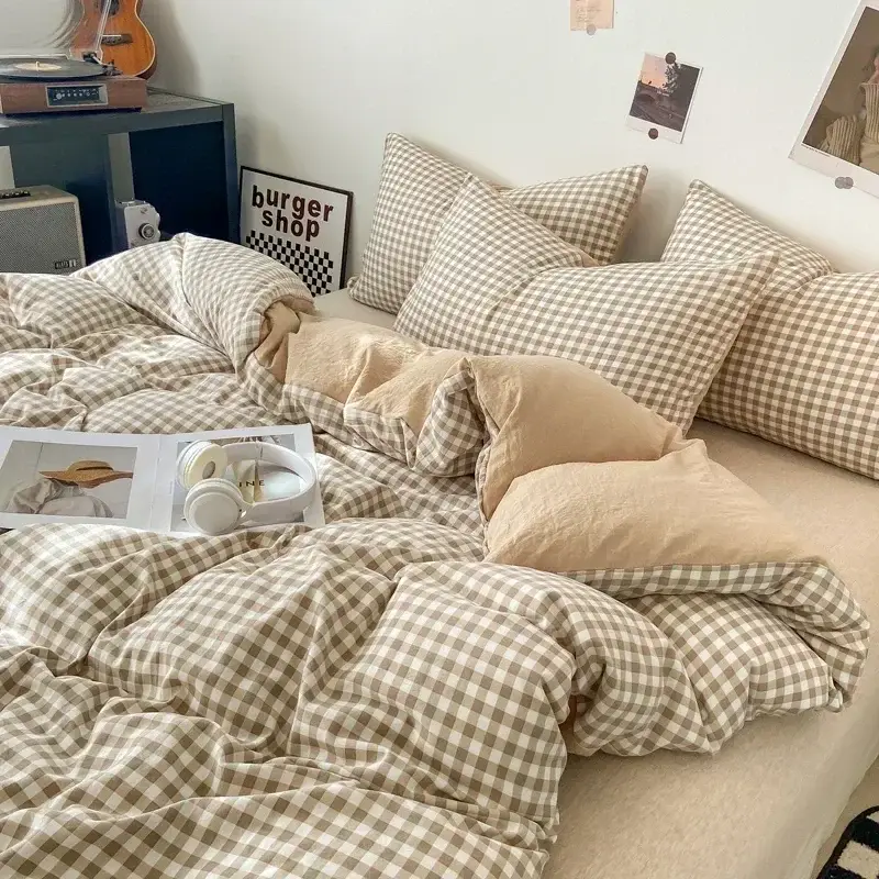 housse de couette à carreaux de style japonais + 2 taies d'oreiller beige-blanc-petits-carreaux