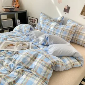 housse de couette à carreaux de style japonais + 2 taies d'oreiller bleu-beige-grands-carreaux