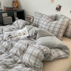 housse de couette à carreaux de style japonais + 2 taies d'oreiller gris-blanc-grands-carreaux