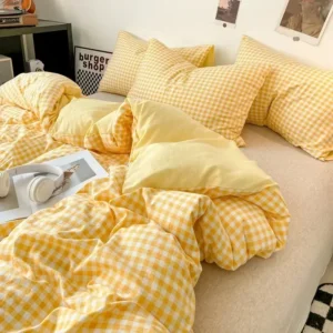 housse de couette à carreaux de style japonais + 2 taies d'oreiller jaune-blanc-petits-carreaux
