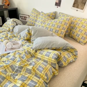 housse de couette à carreaux de style japonais + 2 taies d'oreiller jaune-gris-grands-carreaux