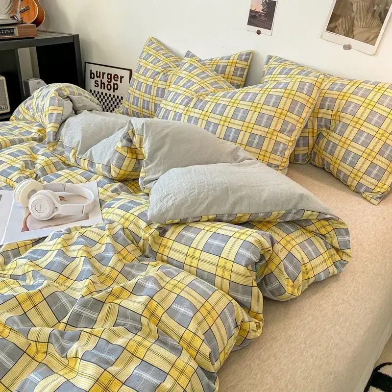 housse de couette à carreaux de style japonais + 2 taies d'oreiller jaune-gris-grands-carreaux