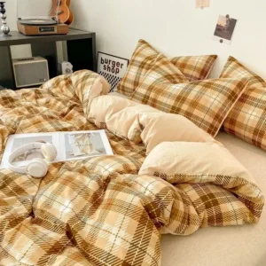 housse de couette à carreaux de style japonais + 2 taies d'oreiller marron-beige-grands-carreaux