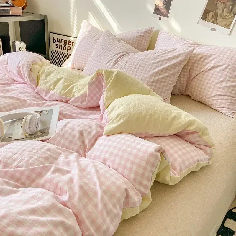 housse de couette à carreaux de style japonais + 2 taies d'oreiller rose-blanc-petits-carreaux