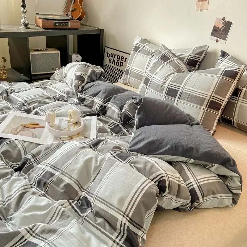 housse de couette à carreaux de style japonais + 2 taies d'oreiller noir-blanc-grands-carreaux