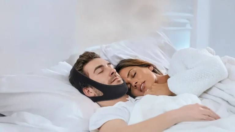 Un couple dort dans leur lit, et le mari porte une ceinture anti-ronflement