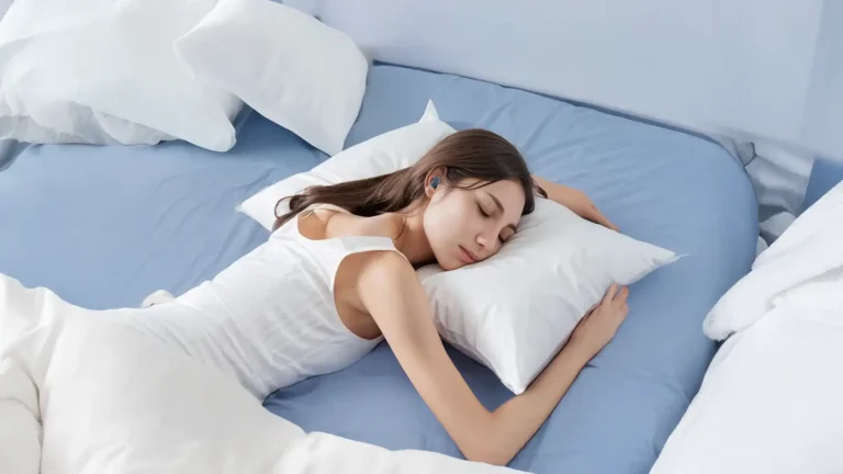 une femme qui dort avec des bouchons d'oreilles