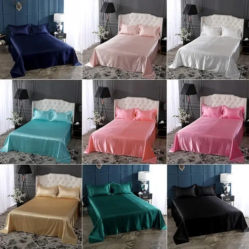 drap en satin soyeux haut de gamme avec 2 taies d'oreiller de plusieurs couleurs