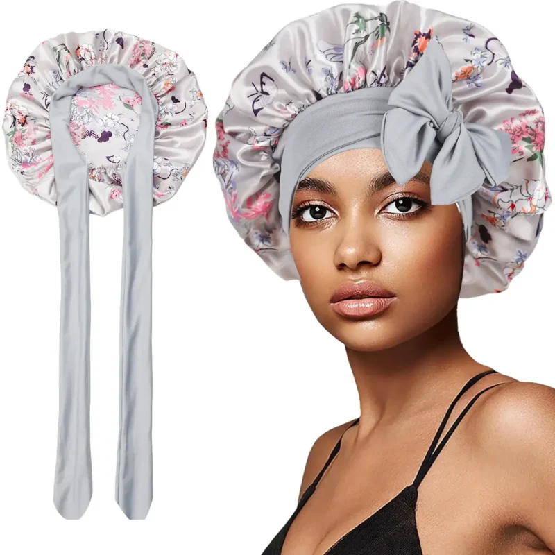 bonnet de nuit en satin à fleurs avec ruban imprimé pour femmes gris