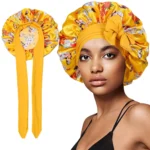 bonnet de nuit en satin à fleurs avec ruban imprimé pour femmes jaune