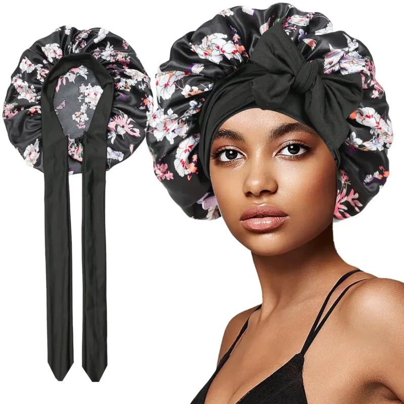 bonnet de nuit en satin à fleurs avec ruban imprimé pour femmes noir