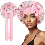 bonnet de nuit en satin à fleurs avec ruban imprimé pour femmes rose