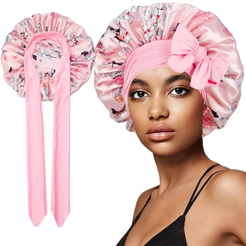 bonnet de nuit en satin à fleurs avec ruban imprimé pour femmes rose
