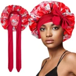 bonnet de nuit en satin à fleurs avec ruban imprimé pour femmes rouge