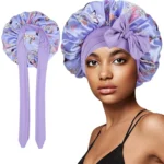 bonnet de nuit en satin à fleurs avec ruban imprimé pour femmes violet