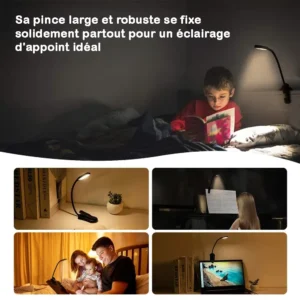 lampe de lecture à led, rechargeable, 3 niveaux de luminosité, flexible, en noir ou en blanc