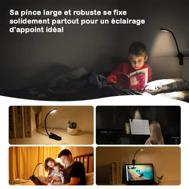 lampe de lecture à led, rechargeable, 3 niveaux de luminosité, flexible, en noir ou en blanc