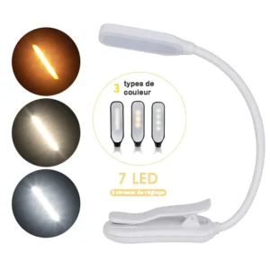 Lampe de lecture à LED, rechargeable, 3 niveaux de luminosité, flexible, en noir ou en blanc