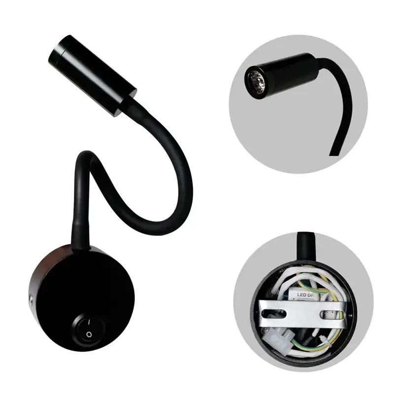 lampe murale led flexible 3w, éclairage à col de cygne avec interrupteur pour lecture nocturne