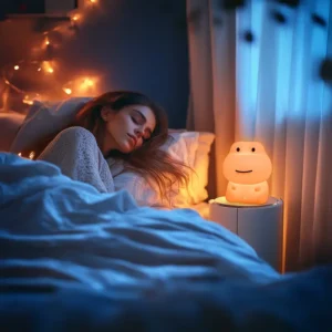 veilleuse hippopotame mignon en silicone, lumière douce, clap automatique avec une femme qui dort